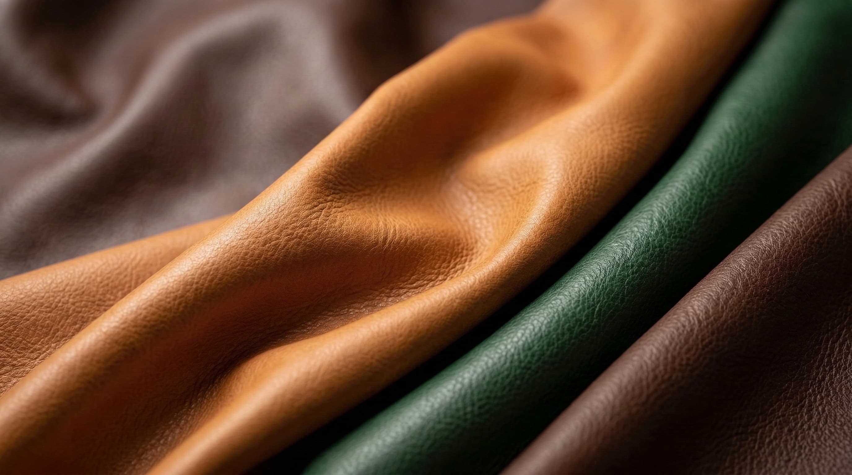 Close-up of SENTIENT leather swatches in tan, green, and brown with pebbled grain.